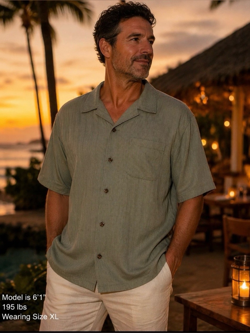 Island Republic Short-Sleeve Silk Button-Down Shirt in Sage Green